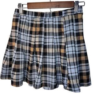 Altar’d States girls L pleated blue brown plaid elastic waist mini Skirt USA